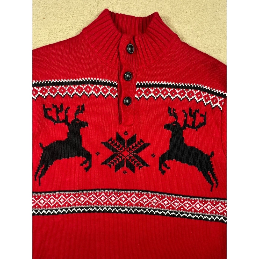 Chaps Sweater Mens Medium Red Reindeer Nordic 1/4 Button Cotton‎ Holiday Stretch